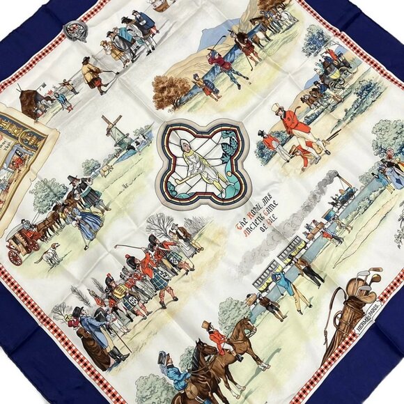 Auth HERMES Carre 90 - White Navy Multi Scarf - Picture 1 of 5